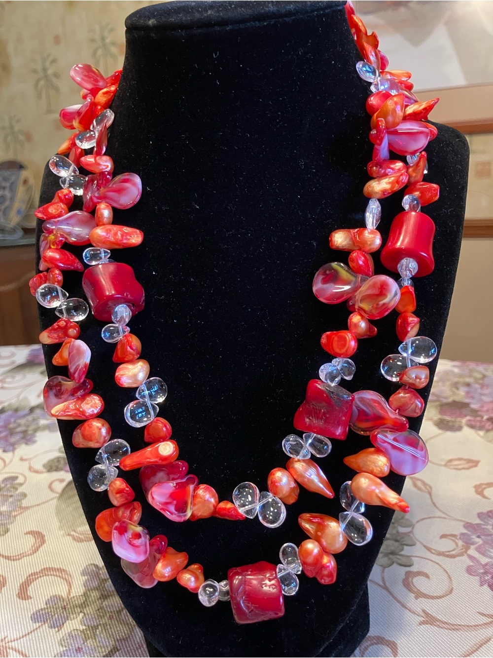Authentic CHUNKY CORAL BEADS, CLEAR CRYSTAL TEARDROPS, DYED PEARLS AND MOP